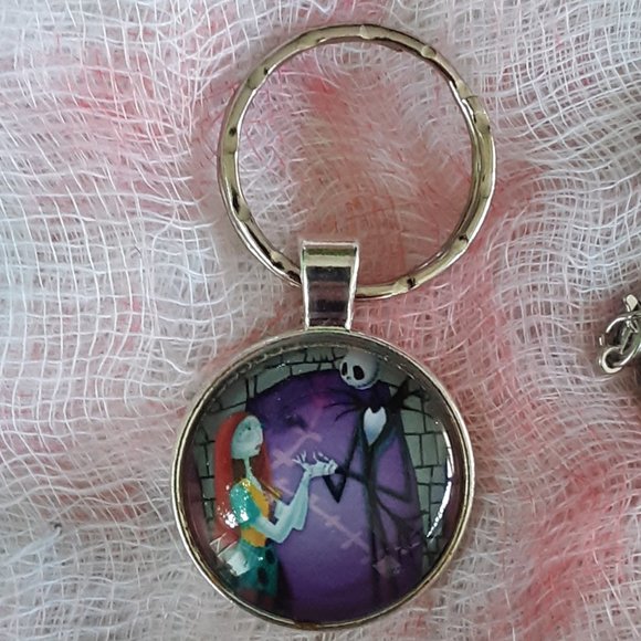 Jack Skellington & Sally Cabochon Key Ring With Necklace Chain Tim Burton - Picture 1 of 8